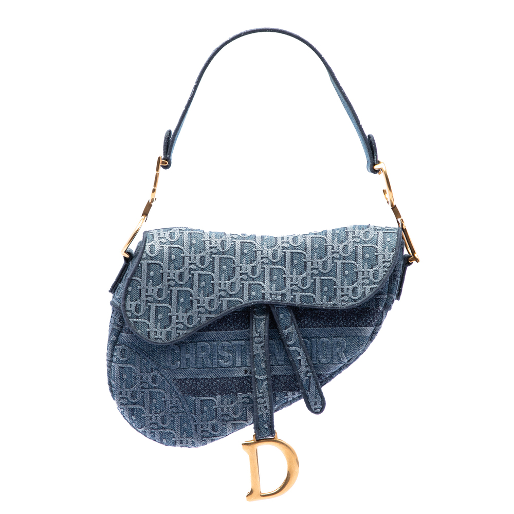 Pre-Loved Dior Oblique Embroidered Denim Saddle Bag